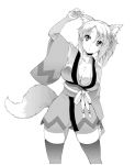 1girl :o animal_ears breasts cleavage collarbone dog_days flower fox_ears fox_tail hair_flower hair_ornament hair_ribbon japanese_clothes large_breasts long_sleeves monochrome ponytail ribbon simple_background skindentation soba_(saz) solo tail thigh-highs white_background wide_sleeves yukikaze_panettone 
