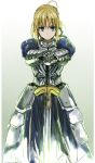  1girl armor armored_dress blonde_hair excalibur fate_(series) green_eyes looking_at_viewer s@ki_kilisawa saber short_hair solo sword weapon 
