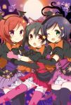  3girls :o ;d animal_ears bat black_gloves black_hair black_legwear bow cape cat_ears cat_tail cover cover_page doujin_cover dress elbow_gloves fang fur_trim gloves hair_ornament hairband hairclip halloween halloween_costume hat head_wings love_live!_school_idol_project moon multiple_girls nishikino_maki one_eye_closed open_mouth paw_gloves pink_gloves pink_legwear red_eyes redhead shiroi_hakuto smile star_print tail thigh-highs toujou_nozomi witch_hat yazawa_nico 