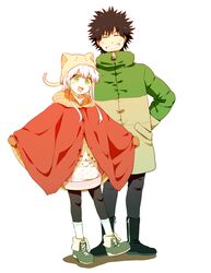  1boy 1girl animal_hat black_hair cat_hat closed_eyes gloves green_eyes grin hat index jacket kamijou_touma long_hair saiba_(henrietta) smile spiky_hair to_aru_majutsu_no_index white_hair 