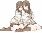  2girls blush closed_eyes hug hug_from_behind long_hair multiple_girls original s@ki_kilisawa simple_background sketch smile white_background yuri 