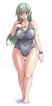  1girl bad_feet barefoot blush breasts cleavage covered_navel curvy flying_sweatdrops full_body large_breasts long_hair older one-piece_swimsuit red_eyes rozen_maiden silver_hair solo suigintou swimsuit thighs tsuda_nanafushi zipper 