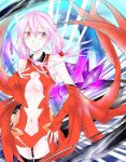  1girl bare_shoulders black_legwear blush breasts center_opening cleavage detached_sleeves guilty_crown hair_ornament hairclip hand_on_own_chest long_hair looking_away navel pink_hair red_eyes smile solo thigh-highs twintails yuzuriha_inori 