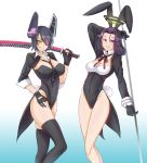  2girls adapted_costume animal_ears black_hair black_legwear blush breasts bunny_girl bunny_tail cleavage eyepatch glaive gloves headgear kantai_collection kashiru large_breasts looking_at_viewer multiple_girls polearm purple_hair rabbit_ears school_uniform short_hair simple_background smile spear sword tail tatsuta_(kantai_collection) tenryuu_(kantai_collection) thigh-highs violet_eyes weapon yellow_eyes 