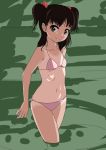  1girl bikini black_hair brown_eyes female flat_chest long_hair original rohitsuka solo swimsuit tan tanline twintails two_side_up wading 