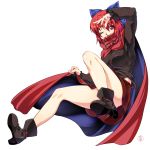  1girl arm_up bare_legs blush bow breasts cape covering_mouth hair_bow highres large_breasts long_sleeves one_eye_closed ootsuki_wataru pointy_ears red_eyes redhead sekibanki short_hair simple_background skirt solo touhou white_background 