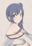  1girl bare_shoulders blue_eyes blue_hair blush breast_rest breasts heart heart_of_string imai_midori long_hair no_bra shirobako side_ponytail sideboob solo striped walzrj 