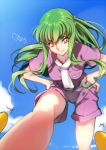  1girl c.c. clouds code_geass creayus green_hair hands_on_hips smile yellow_eyes 