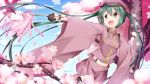  1girl cherry_blossoms clouds green_hair hat hatsune_miku highres inumine_aya long_hair navel open_mouth outstretched_arm peaked_cap project_diva project_diva_f senbon-zakura_(vocaloid) skirt sky solo thighhighs tree twintails very_long_hair vocaloid 