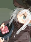  1girl amoranorem anchor_symbol bag blue_eyes box breath coat from_above gift gift_box hat hibiki_(kantai_collection) kantai_collection scarf silver_hair solo valentine 