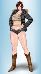  1girl bare_legs belt boots breasts brown_eyes brown_hair casual cowboy_boots cutoffs denim denim_shorts full_body hands_on_hips highres hood_down kazama_asuka knee_boots large_breasts lips long_legs midou_tsukasa midriff navel parka short_hair shorts solo tekken toes 