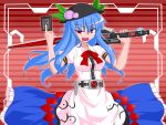 1girl belt blue_hair crossover hat hinanawi_tenshi kamen_rider kamen_rider_den-o_(series) long_skirt parody red_eyes skirt solo sword touhou tsukushi_(741789) weapon