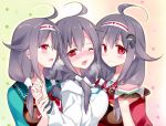  3girls ahoge blush breast_press breasts d: food full-face_blush headband kantai_collection lavender_hair long_sleeves mochi multiple_girls multiple_persona open_mouth plate red_eyes rei_(rei&#039;s_room) ryuuhou_(kantai_collection) tagme taigei_(kantai_collection) wagashi 
