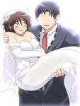  1boy 1girl bags_under_eyes blush breasts bridal_gauntlets brown_hair carrying dress faceless faceless_male fang flying_sweatdrops formal large_breasts open_mouth original princess_carry shimejix short_hair suit sweat tuxedo veil wedding_dress white_background 