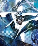  black_hair black_rock_shooter black_rock_shooter_(character) blue_eyes boots chain chains coat glowing glowing_eyes loc6 long_hair midriff navel pale_skin scar shorts solo sword twintails very_long_hair weapon 