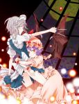  bat_wings blue_eyes braid hat highres hinabu hug izayoi_sakuya knife multiple_girls purple_hair red_eyes rem_mido remilia_scarlet short_hair silver_hair touhou twin_braids wings yuri 