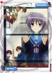  calendar koizumi_itsuki kyon nagato_yuki purple_hair suzumiya_haruhi_no_yuuutsu window yellow_eyes 