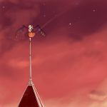  flandre_scarlet highres mixer_(pixiv) night red_sky rooftop sky steeple touhou 