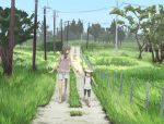  bad_id brown_hair fence hair_ornament hairclip hand_holding hat holding_hands multiple_girls original outdoors penpen_(artist) power_lines sandals scenery shorts 