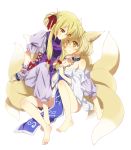  animal_ears barefoot blonde_hair chain chains collar eye_contact feet fox_ears fox_tail highres kona kona_(canaria) kyuubi leash multiple_girls multiple_tails short_hair tail touhou yakumo_ran yakumo_yukari yellow_eyes yuri 