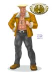  1boy abs alternate_costume belt belt_buckle blonde_hair boots dog_tags fur_trim guile hand_on_hip ikeno_daigo jacket jeans muscle open_clothes open_jacket shirtless solo street_fighter street_fighter_iv 