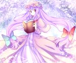  bow crescent hair_bow hat large_bow long_hair patchouli_knowledge pink_eyes purple_hair riichu robe standing stare striped touhou 