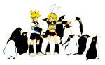  aqua_eyes bad_id bird blonde_hair goruti hair_ornament hair_ribbon hairclip headphones kagamine_len kagamine_rin midriff necktie penguin ribbon short_hair shorts siblings simple_background smile twins vocaloid 