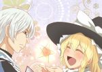  1boy 1girl braid couple glasses hat hetero kirisame_marisa kouzilow morichika_rinnosuke short_hair touhou witch_hat yellow_eyes 