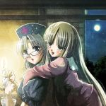  :o bespectacled black_hair blue_eyes glasses hat houraisan_kaguya hug hug_from_behind long_hair multiple_girls night opengear opungia red_eyes silver_hair touhou yagokoro_eirin 