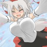  animal_ears blush breasts closed_eyes detached_sleeves fang hat heart huge_breasts incoming_hug inubashiri_momiji large_breasts open_mouth oro_(zetsubou_girl) outstretched_arms silver_hair solo spread_arms tail tokin_hat touhou wolf_ears wolf_tail 