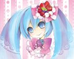  bad_id blue_eyes blue_hair cherry food food_themed_clothes fruit hair_ribbon hatsune_miku long_hair parikari ribbon smile solo strawberry twintails vocaloid 