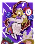  blonde_hair brown_hair cat_ears chen earrings flx gap hair_ribbon hat jewelry long_hair purple_eyes ribbon short_hair sign swastika touhou violet_eyes wink yakumo_ran yakumo_yukari 