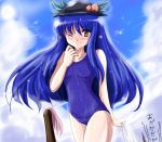  flx food fruit hat hinanawi_tenshi long_hair one-piece_swimsuit peach red_eyes school_swimsuit swimsuit touhou towel wet wink 
