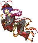  eating hat japanese_clothes kimono nagae_iku neichiru purple_hair red_eyes sandals shawl short_hair touhou 