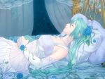  a=k aqua_hair bed blue_rose bridal_gauntlets closed_eyes curtains detached_sleeves dress elbow_gloves flower gloves hatsune_miku long_hair lying on_back petals pillow rose solo twintails vocaloid white_dress 