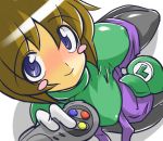  blush blush_stickers bob_cut breasts brown_hair chris_(mario) controller costume from_above game_controller genderswap hat impossible_clothes impossible_shirt large_breasts luigi nintendo pantyhose shirt short_hair sitting strap_slip super_famicom 