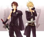  alternate_costume alternate_hairstyle belt blonde_hair blue_eyes brown_hair cloud_strife cosplay costume_switch dissidia_final_fantasy final_fantasy gloves jacket jewelry mouth_hold multiple_boys necklace scar shion_(kizuro) shoulder_pads squall_leonhart sword weapon 