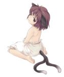  bad_id barefoot bloomers brown_hair cat_ears cat_tail chen feet from_behind kneeling multiple_tails negi_(artist) short_hair tail tears touhou 