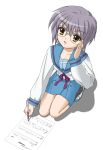  glasses highres nagato_yuki pen purple_hair school_uniform serafuku short_hair solo suzumiya_haruhi_no_yuuutsu yellow_eyes 