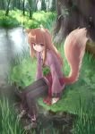  anklet barefoot brown_hair errant feet_in_water forest highres holo jewelry long_hair nature pond red_eyes ripples river sitting soaking_feet solo spice_and_wolf tail tree water wolf_ears wolf_tail 
