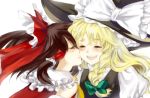  black_hair blonde_hair bow braid cheek_kiss closed_eyes hair_bow hakurei_reimu hat hisa kirisame_marisa kiss multiple_girls ribbon touhou witch_hat yuri 