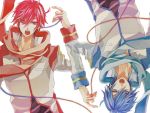  akaito blue_eyes blue_hair imori kaito male multiple_boys open_mouth red_eyes red_hair red_string redhead short_hair simple_background string vocaloid 