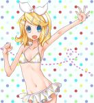  :d armpits bad_id bikini blonde_hair blue_eyes fang frilled_bikini frills gathers headset kagamine_rin mikippa navel open_mouth outstretched_arm polka_dot smile solo swimsuit vocaloid waving 