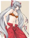  bow bra breasts cleavage fujiwara_no_mokou hair_bow hair_ribbon lingerie long_hair negi_(artist) red_eyes ribbon silver_hair striped striped_bra topless touhou underwear 