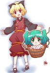  bow bucket girl_in_bucket green_eyes green_hair in_bucket in_container kisume kurodani_yamame red_eyes short_hair tougall touhou twintails 