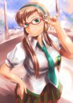  glasses green_eyes hairband makinami_mari_illustrious moriichi neon_genesis_evangelion plaid plaid_skirt rebuild_of_evangelion school_uniform skirt smile tartan twintails 