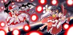  bat_wings battle black_hair bleeding blood bow danmaku detached_sleeves gohei hakurei_reimu hat hazukiken highres mad_(hazukiken) multiple_girls red_eyes remilia_scarlet short_hair silver_hair single_shoe touhou wings 