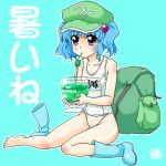 bag barefoot blue_eyes blue_hair drink drinking hair_bobbles hair_ornament hat kawashiro_nitori one-piece_swimsuit school_swimsuit short_hair single_shoe straw swimsuit tougall touhou twintails white_school_swimsuit 