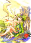  blue_eyes cape carbuncle closed_eyes dress feet final_fantasy final_fantasy_iv flower green_hair hair_ornament hirokazu jewelry nature open_mouth rydia sitting smile summoner traditional_media water watercolor watercolor_(medium) young 