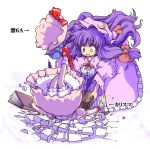  2girls bloomers book bow breasts broken crescent dress eruichi_(redphantom) hair_bow hat hat_bow hat_removed headwear_removed heterochromia long_hair mary_janes multiple_girls patchouli_knowledge purple_dress purple_eyes purple_hair remilia_scarlet shoes star star-shaped_pupils striped striped_dress symbol-shaped_pupils thumbs_up touhou translated vertical_stripes violet_eyes wings wrist_cuffs 